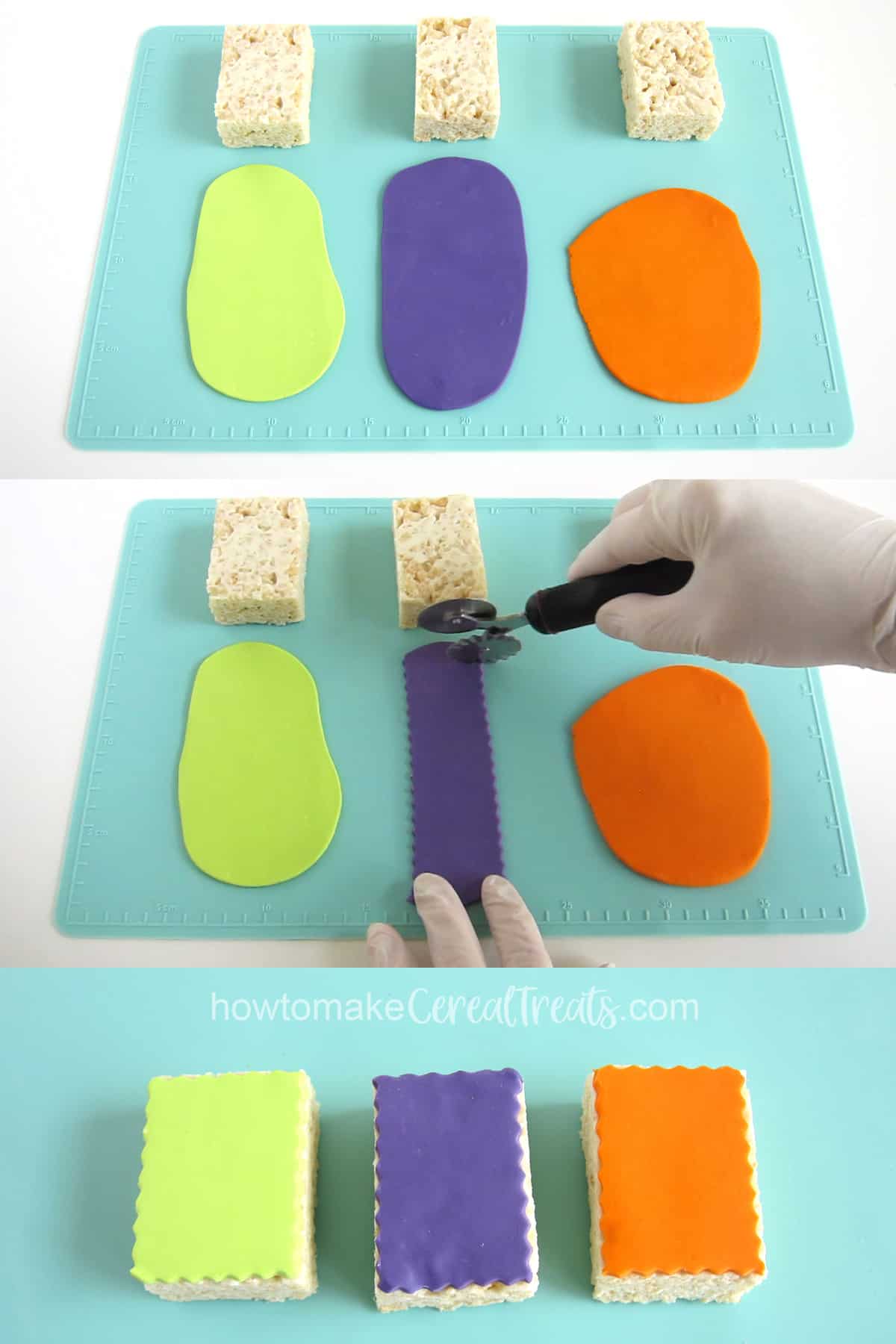 Roll out neon green, purple, and orange modeling chocolate then cut using a pastry wheel, and attach the rectangles to the rice krispie treats. 