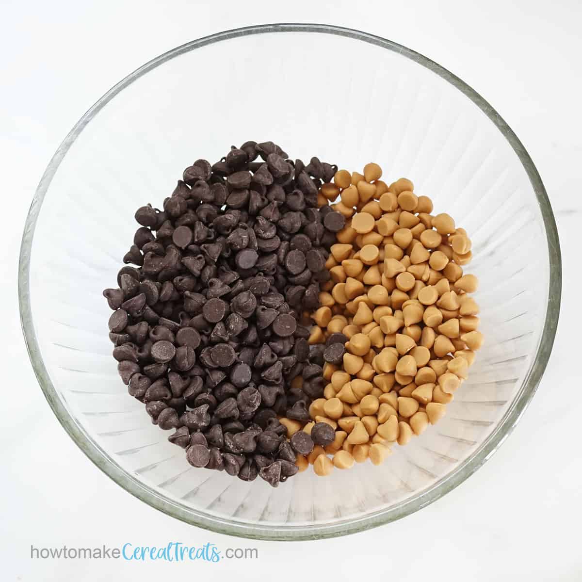 chocolate chips and butterscotch morsels in bowl
