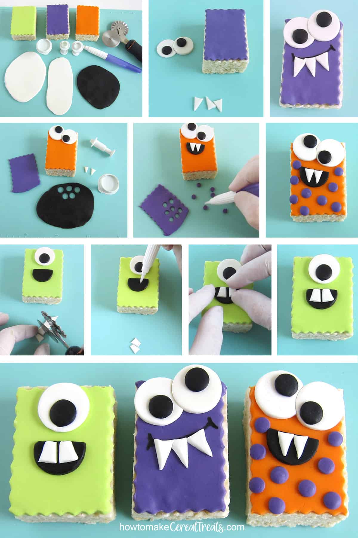 Decorate rice crispy treats with modeling chocolate eyes, fangs, and polka dots to create cute monsters.