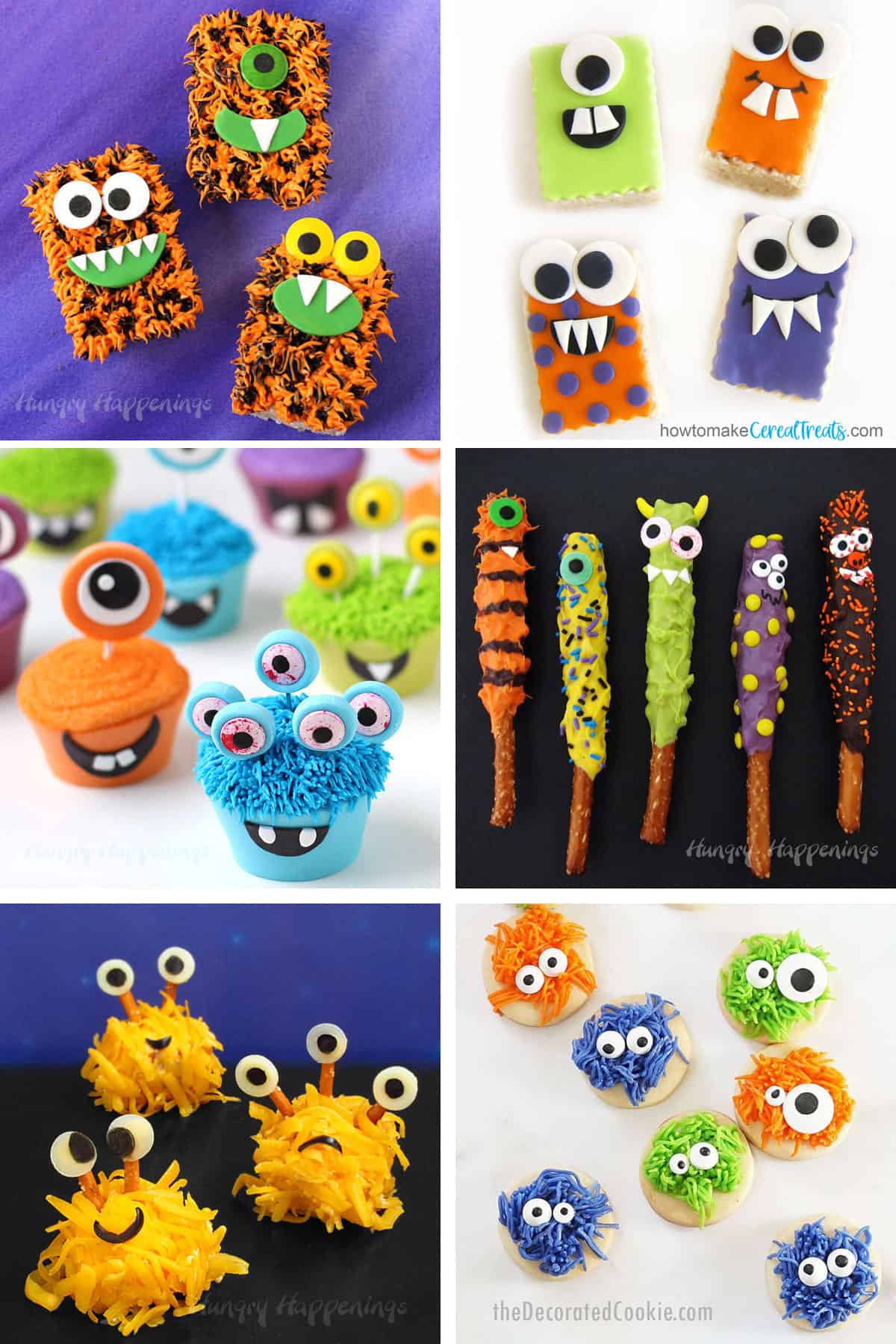 Monster desserts and snacks for Halloween including rice crispy treats, cupcakes, pretzels, cheese balls, and cookies.