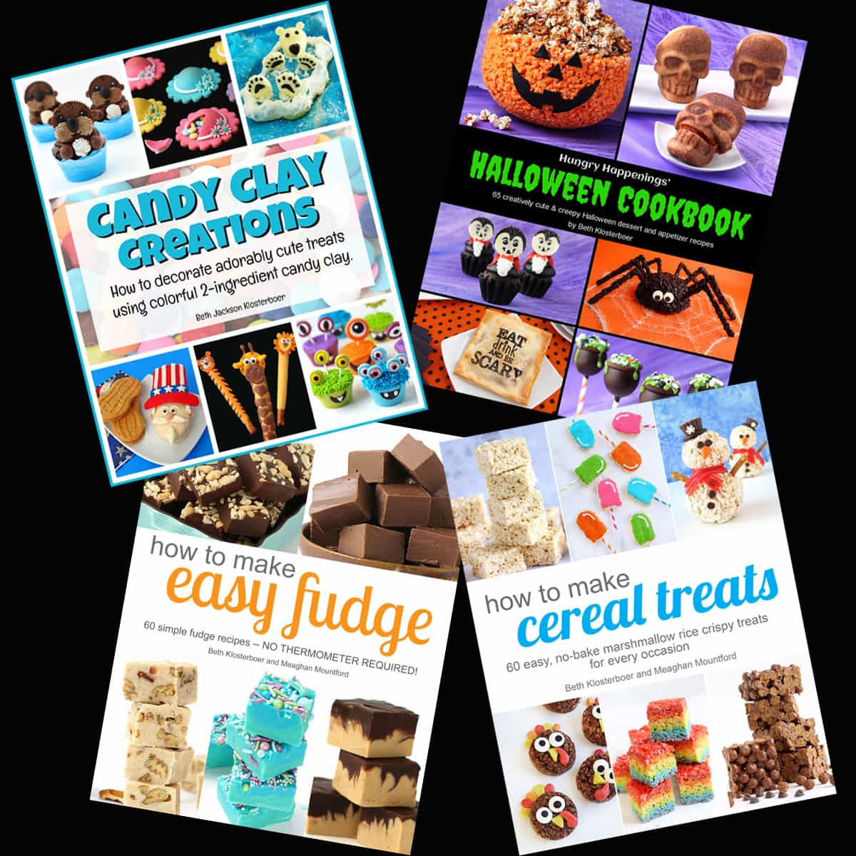 Cookbooks - Candy Clay Creations, Hungry Happenings' Halloween Cookbook, How To Make Easy Fudge, and How To Make Cereal Treats