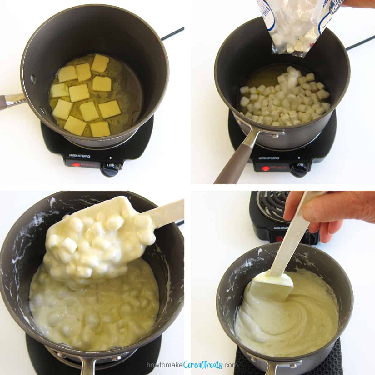 melting butter and mini marshmallows in a saucepan on the stovetop