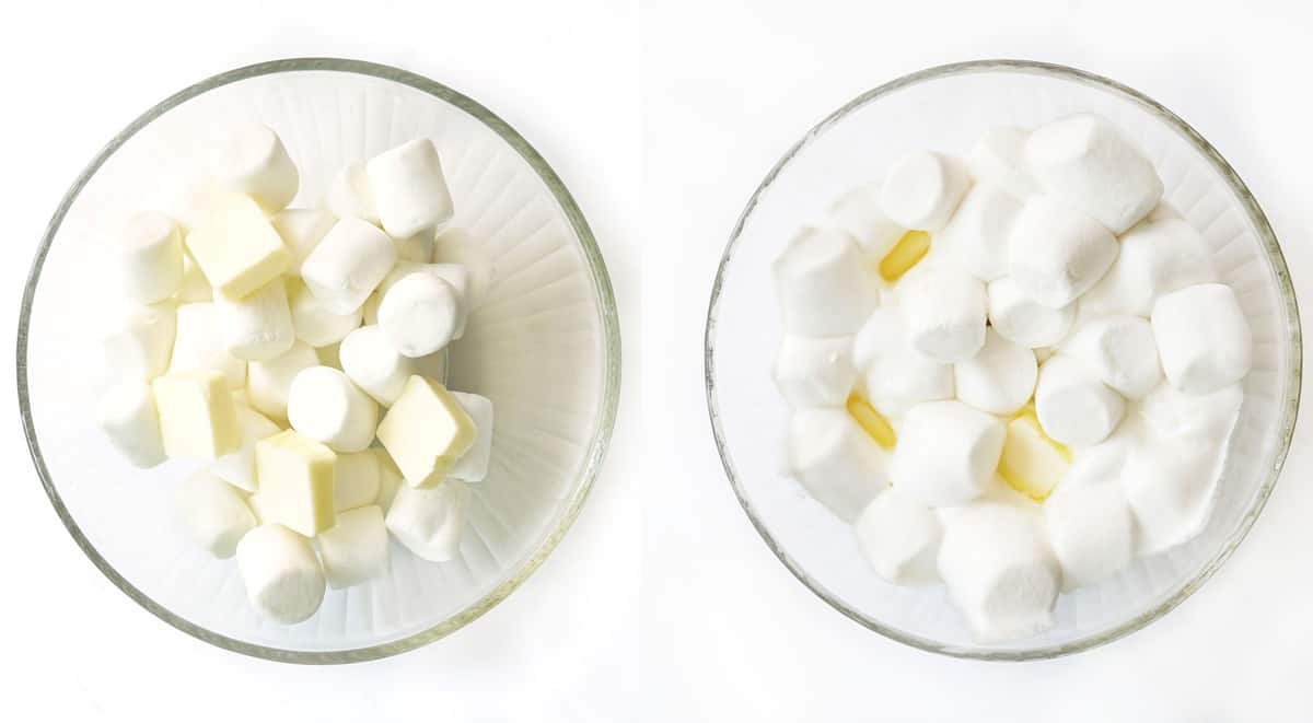 Butter and marshmallows in a large mixing bowl are melted in the microwave. 