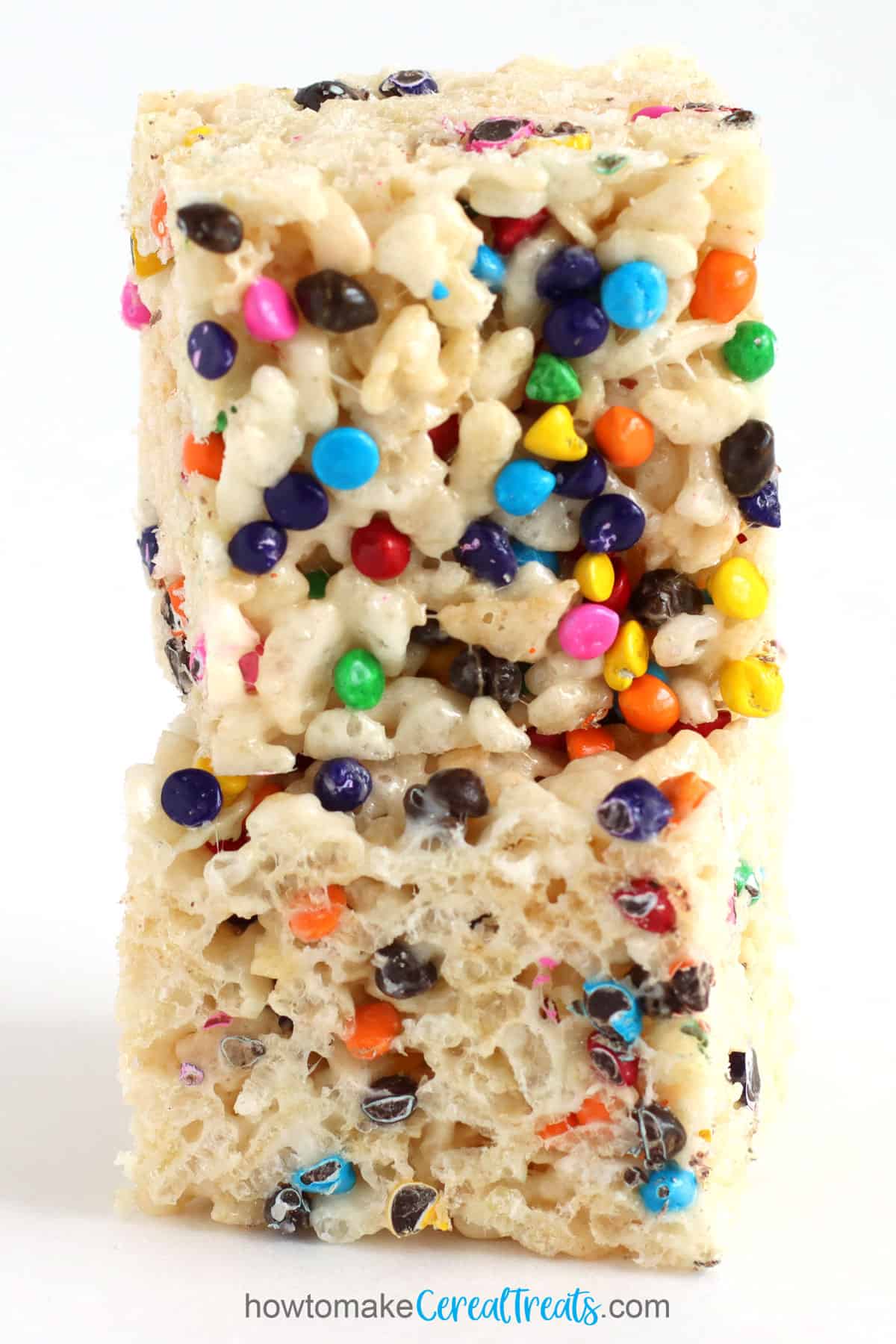 Soft and chewy rice krispie treats with rainbow chip sprinkles.