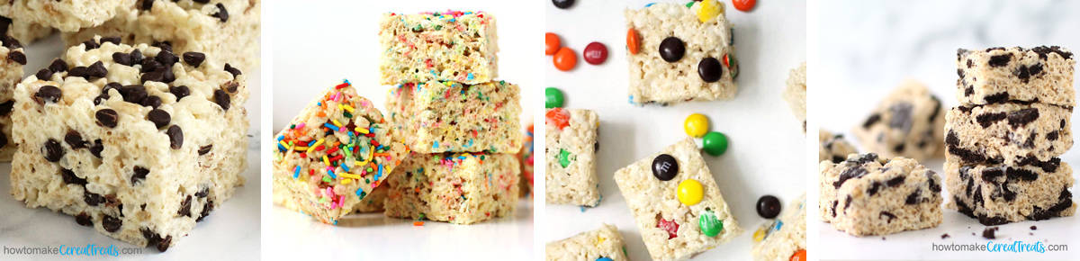 Rice Krispie Treat Mixins including chocolate chips, sprinkles, M&M's, and OREO Cookies
