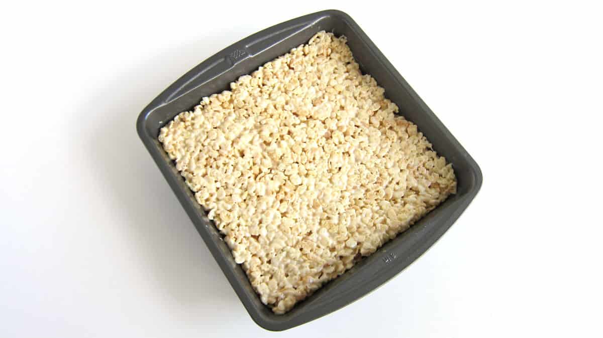 square pan of rice crispy treats made in the microwave
