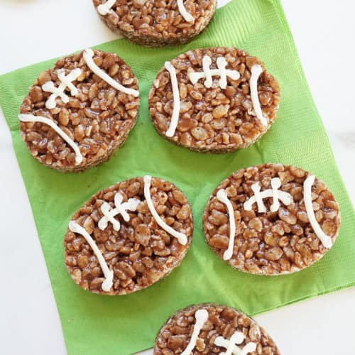 football Rice Krispie Treats on green napkin