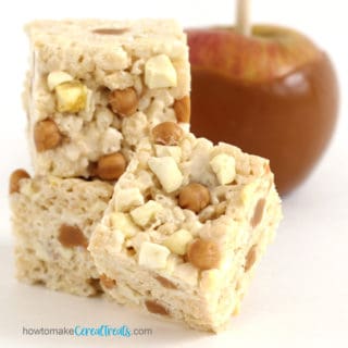 Caramel Apple Rice Crispy Treats speckled with caramel bits and dried apples.
