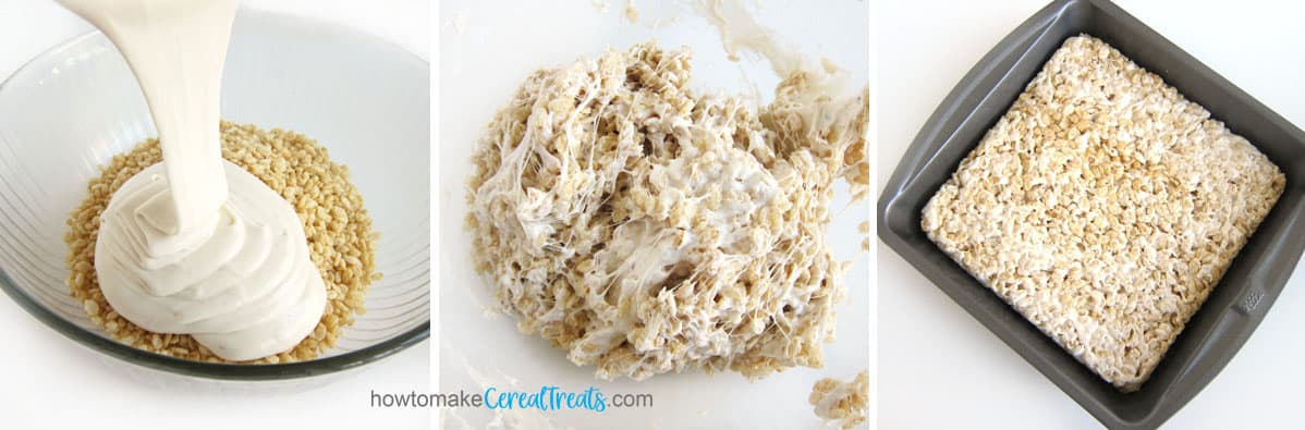 Healthy rice krispie treat mixture in a bowl and spread into a square baking pan.