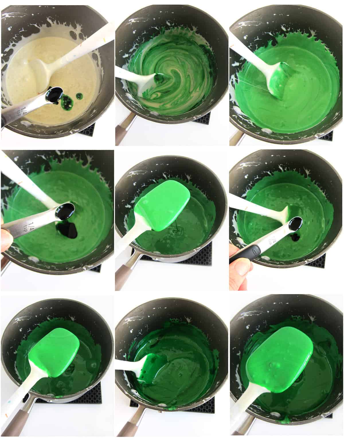 Coloring melted marshallows using green food coloring. 