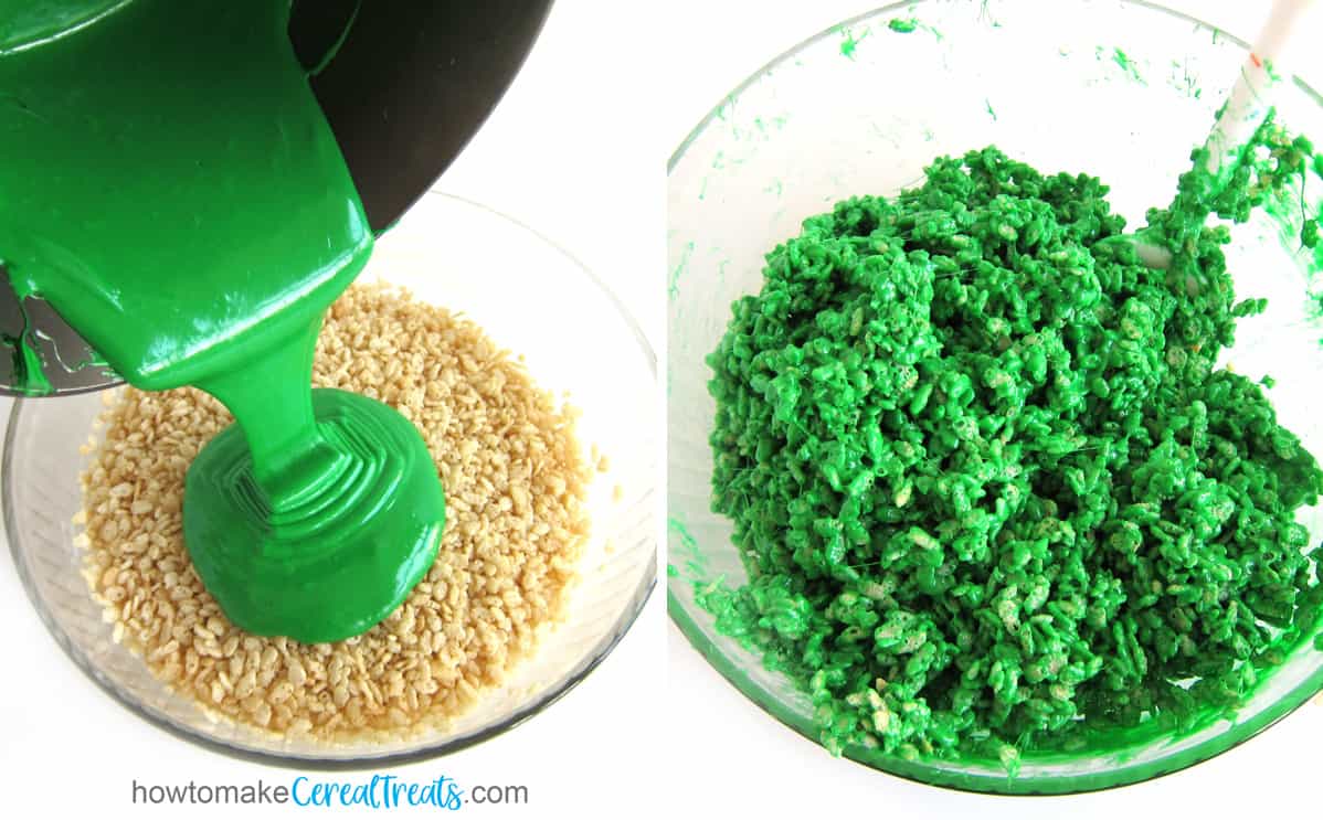 Pour melted green-colored marshmallows over Rice Krispies Cereal and stir until combined. 