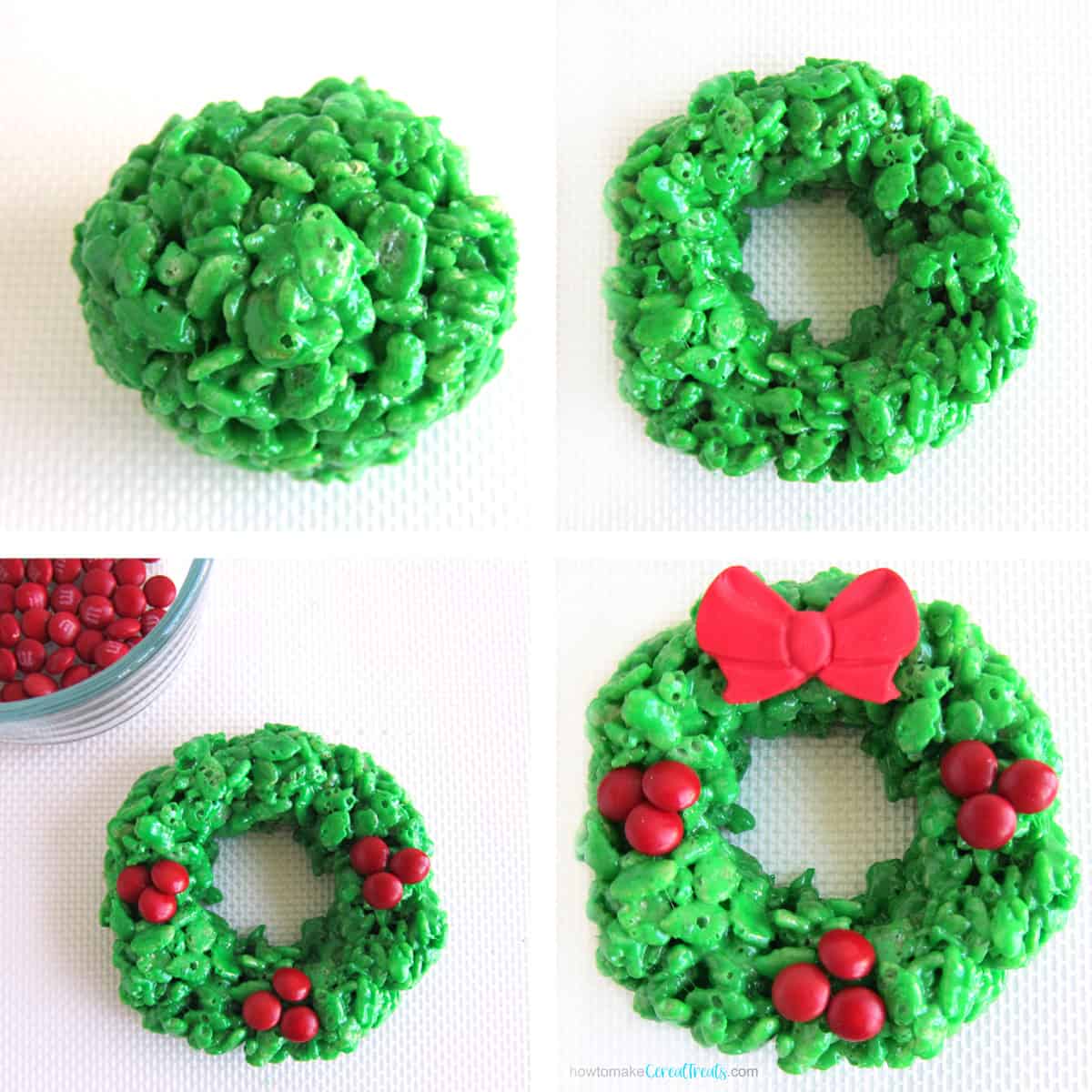 Green rice crispy treat ball shaped into a wreath decorated with mini red candies and a red modeling chocolate bow.