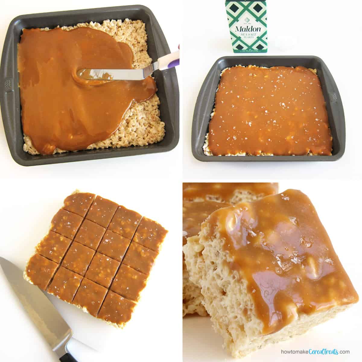 spread melted caramel over a pan of Rice Krispie treats then sprinkle on flaked salt