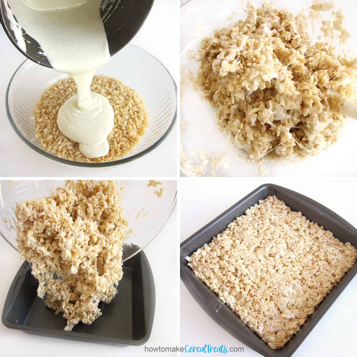 pour melted butter and marshmallows over crisp rice cereal, stir, then spread into an 8-inch pan