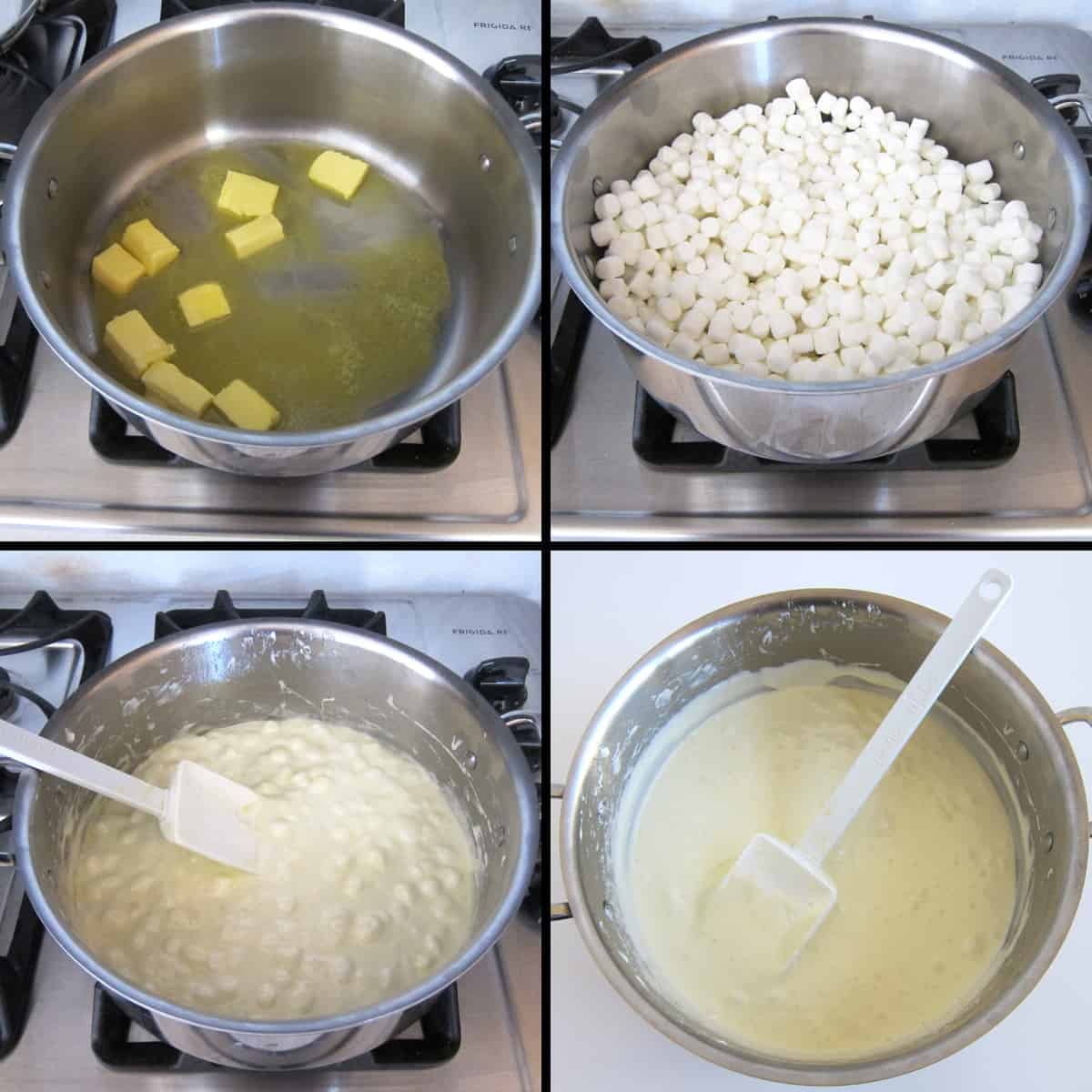 melt butter and mini marshmallows over low heat in a large saucepan