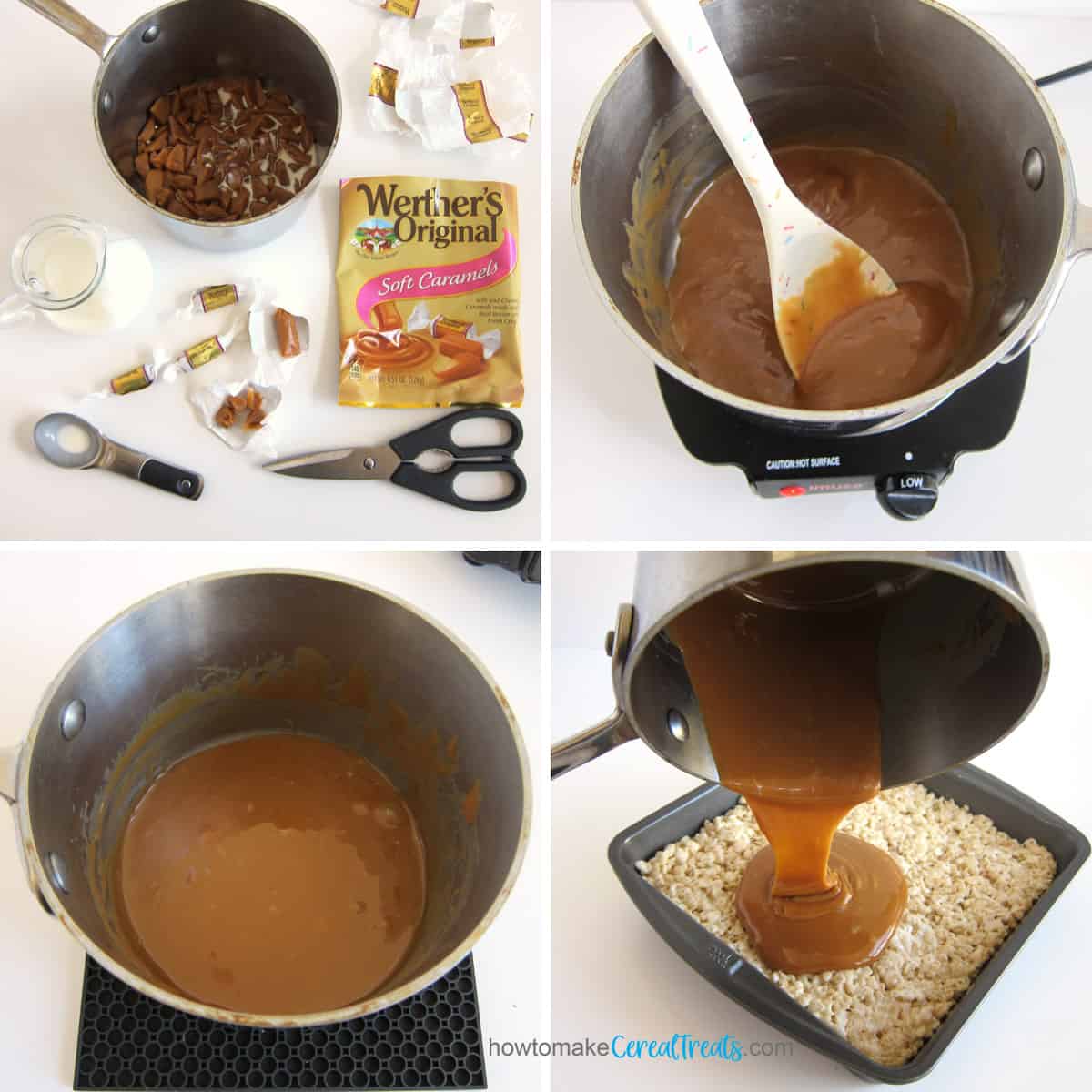melt Werther's Original Soft Caramels and heavy whipping cream then pour over a pan of Rice Krispie Treats