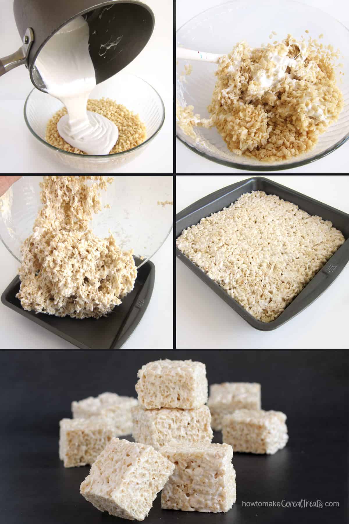 pour melted marshmallows and coconut oil over rice crispy cereal, then spread it in a pan