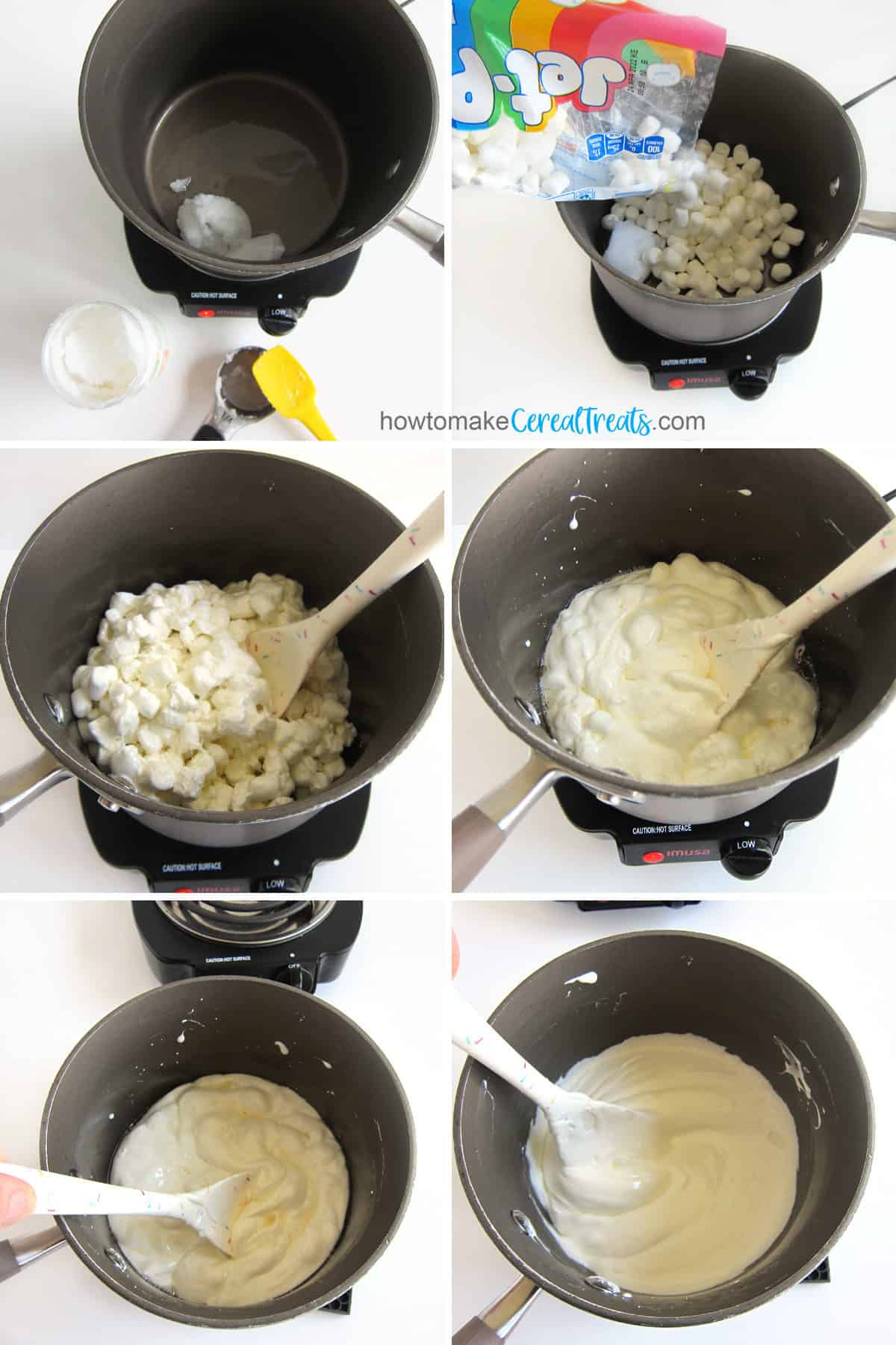 melt coconut oil and marshmallows until smooth and creamy