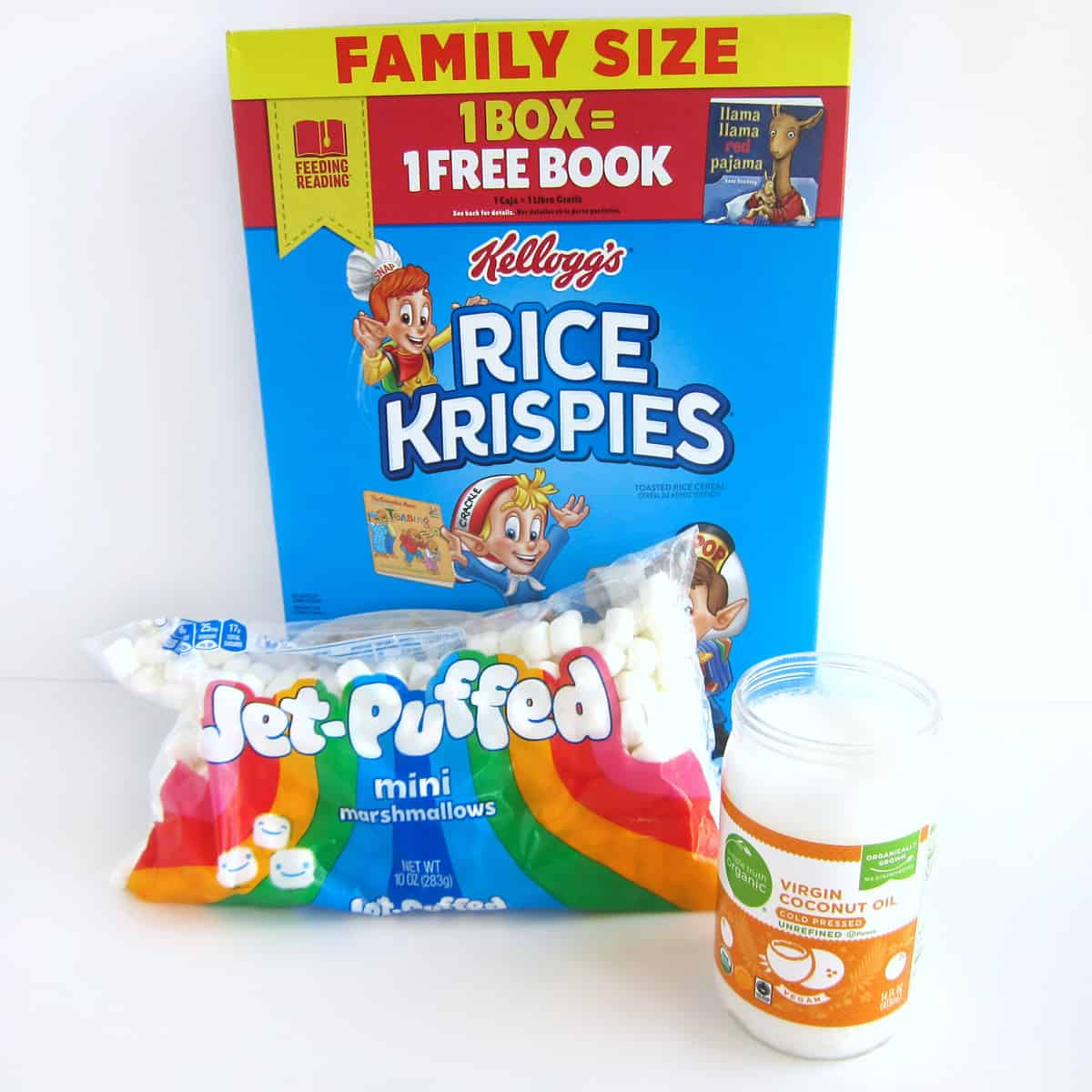 Kellogg's Rice Krispies Cereal, Kraft Jet-Puffed Marshmallows, and Virgin Coconut Oil