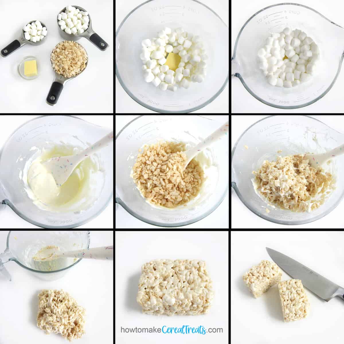 Melt butter and marshmallows in the microwave, then mix in Rice Krispies cereal. Spread into rectangle treat.
