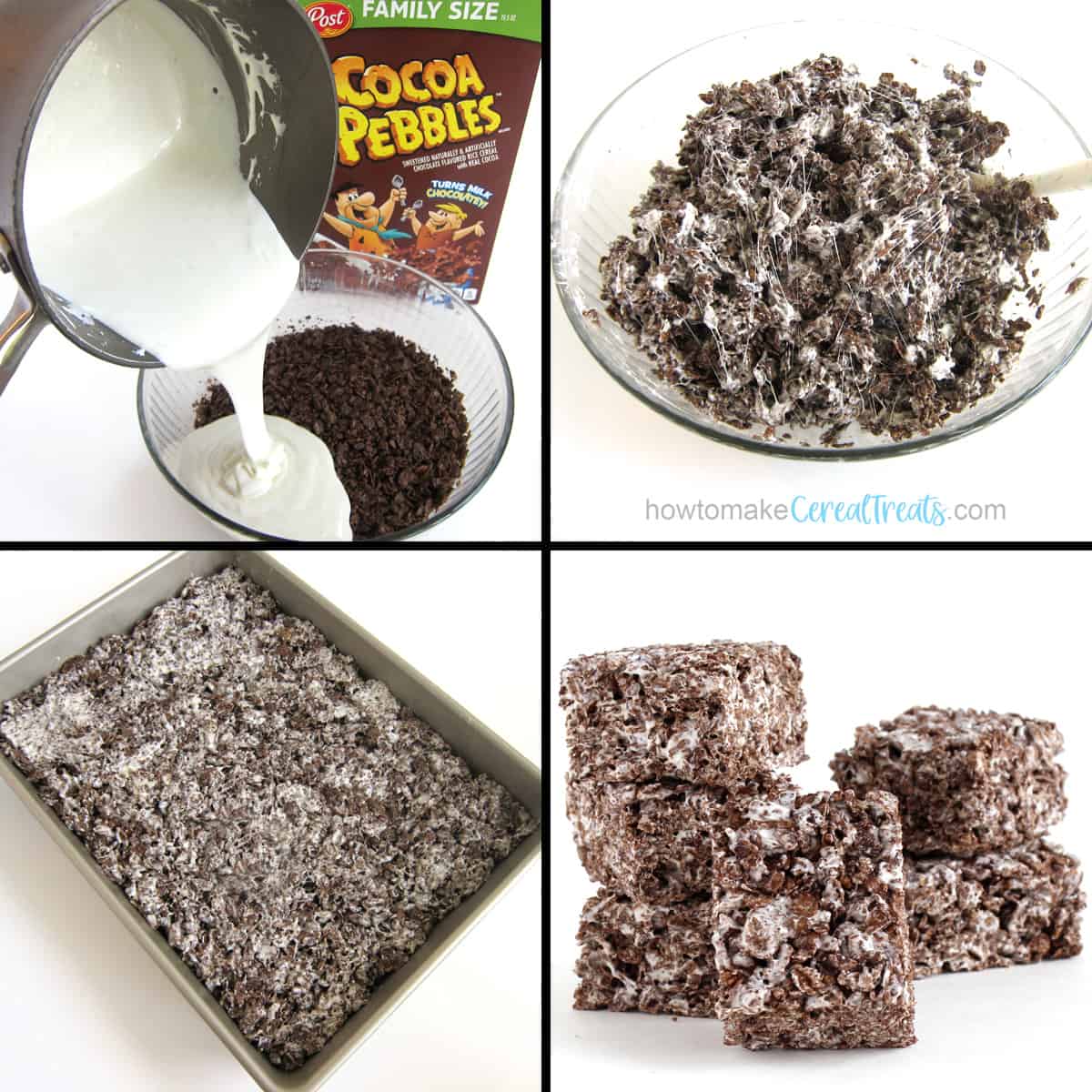 pour melted butter and marshmallows over Cocoa Pebbles to make cereal treats
