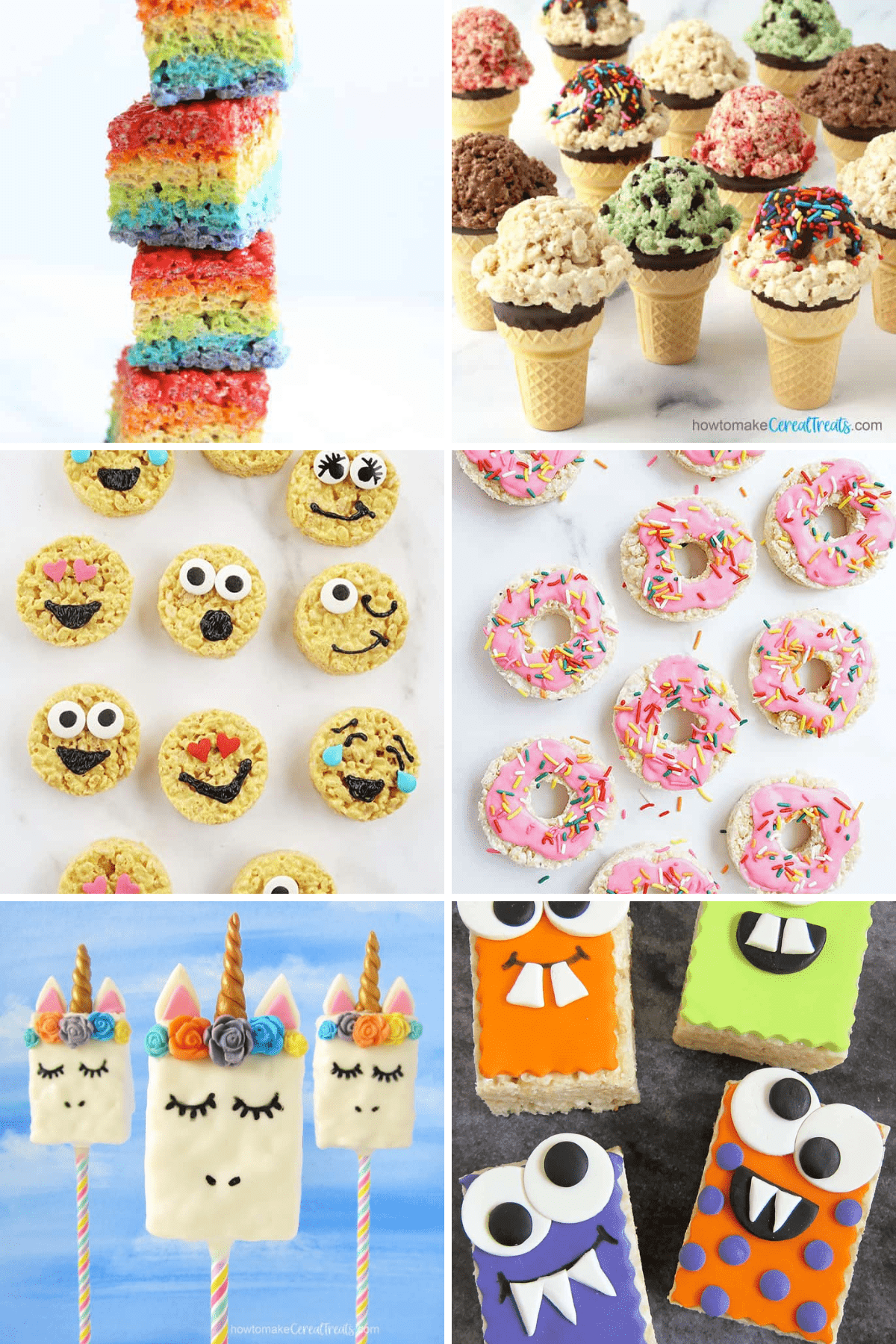Fun Rice Krispie Treat ideas for parties, rainbow, ice cream, donuts, monsters, emoji, unicorn 
