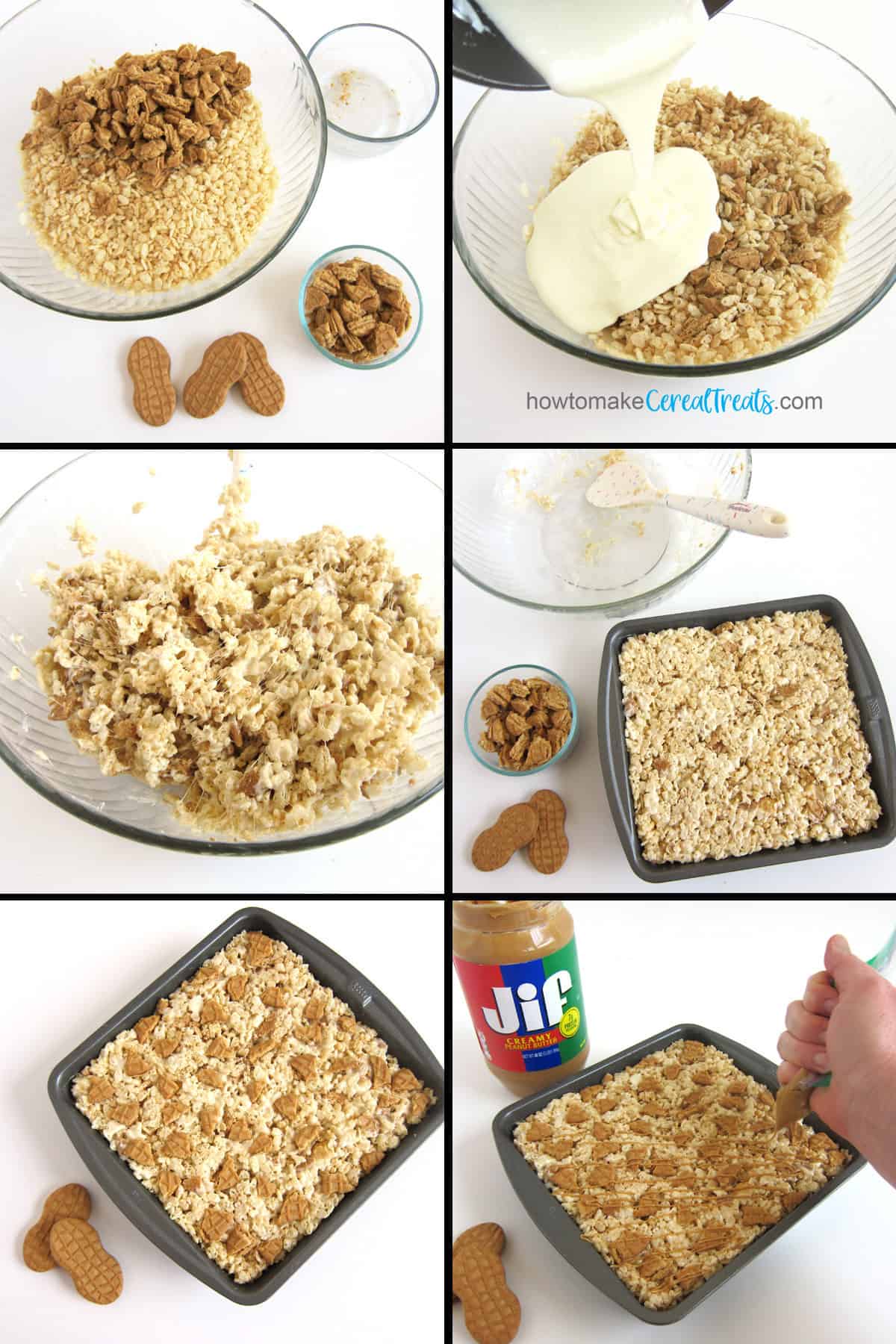 mix nutter butter cookie pieces with rice krispies, melted marshmallows, and butter, then spread into a pan and top with peanut butter