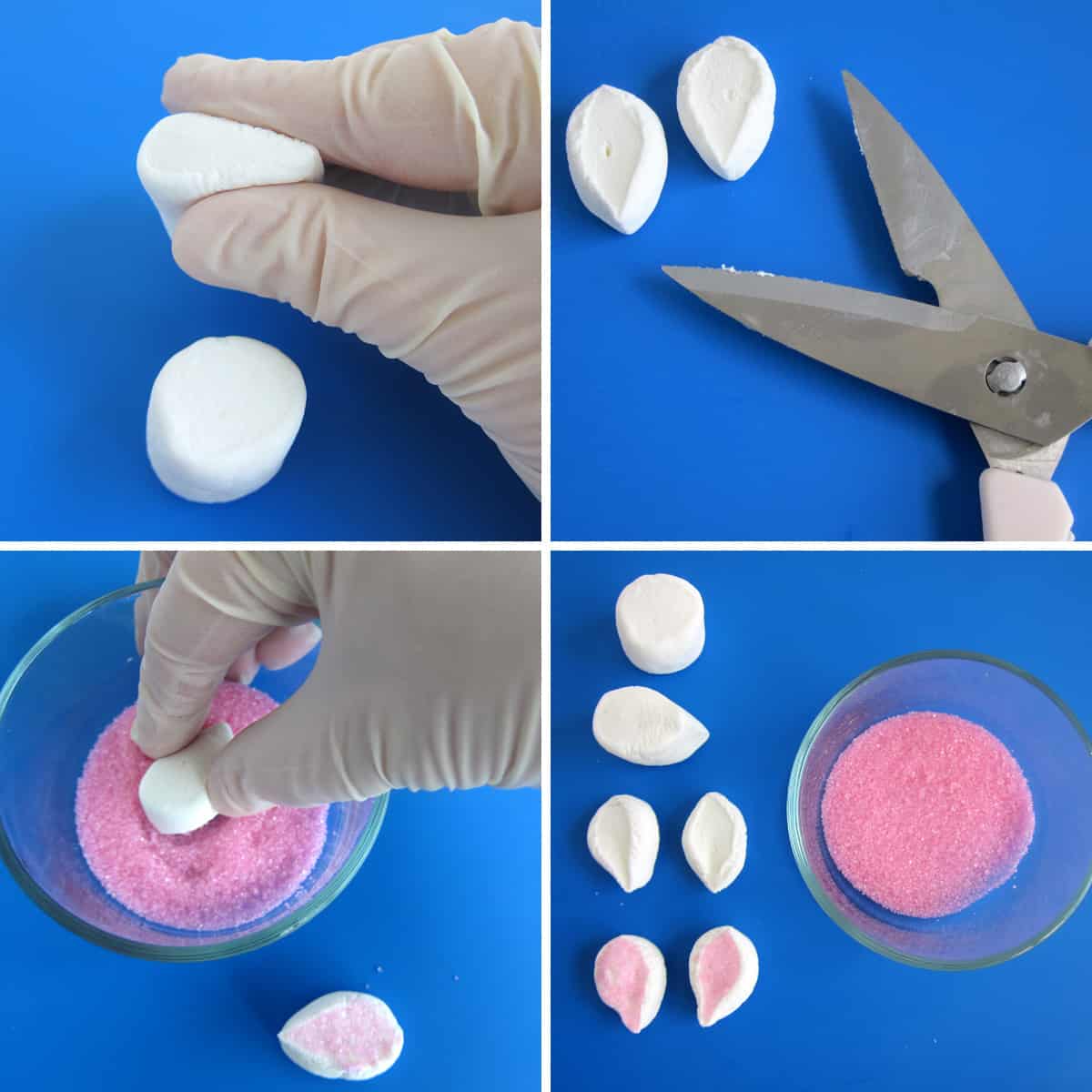 Shape and cut marshmallows into bunny ears then dip in pink sugar.
