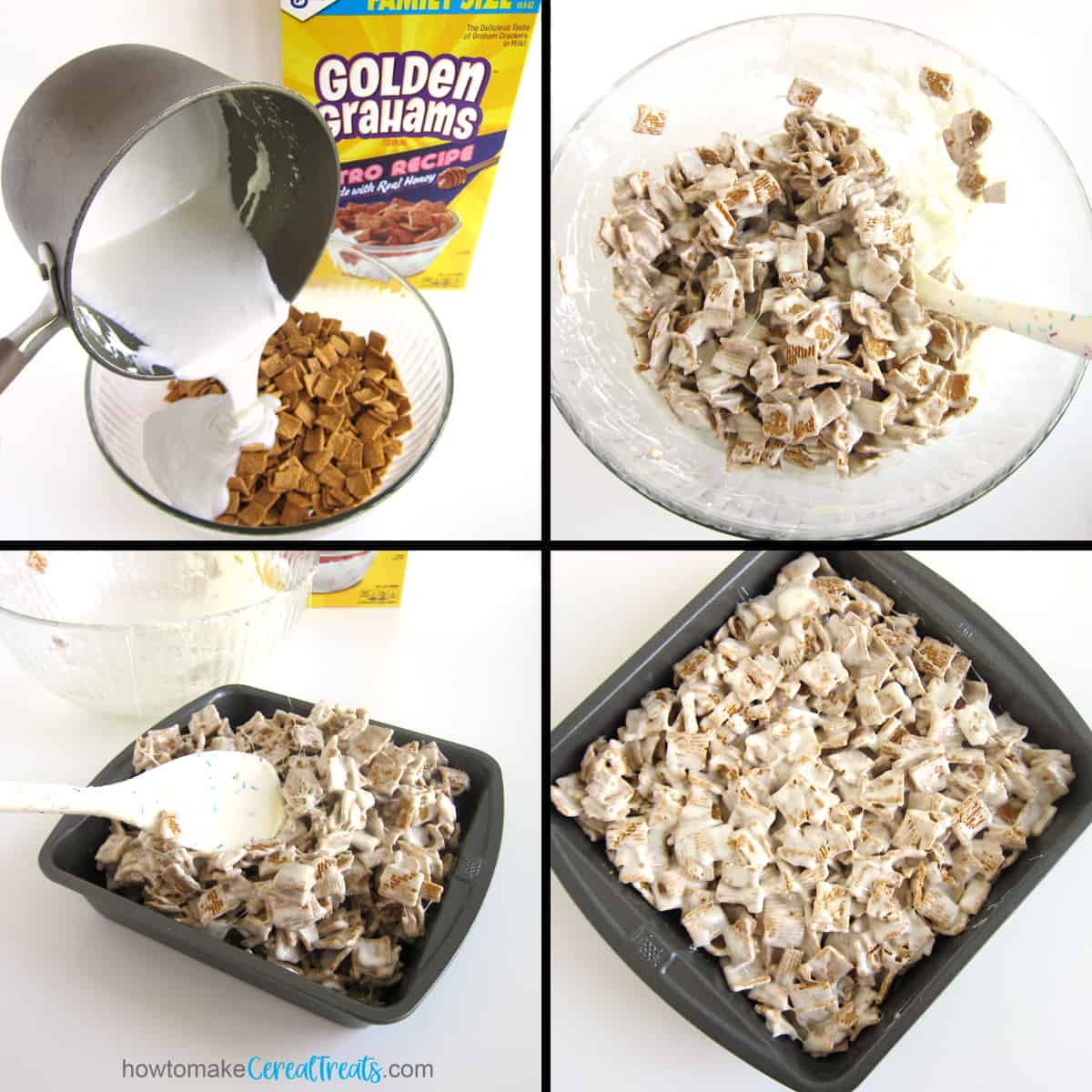 making Golden Grahams treats by pouring melted marshmallows and butter over the cereal