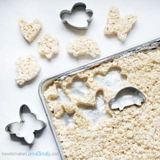 cut Rice Krispie Treats using cookie cutters to make shapes