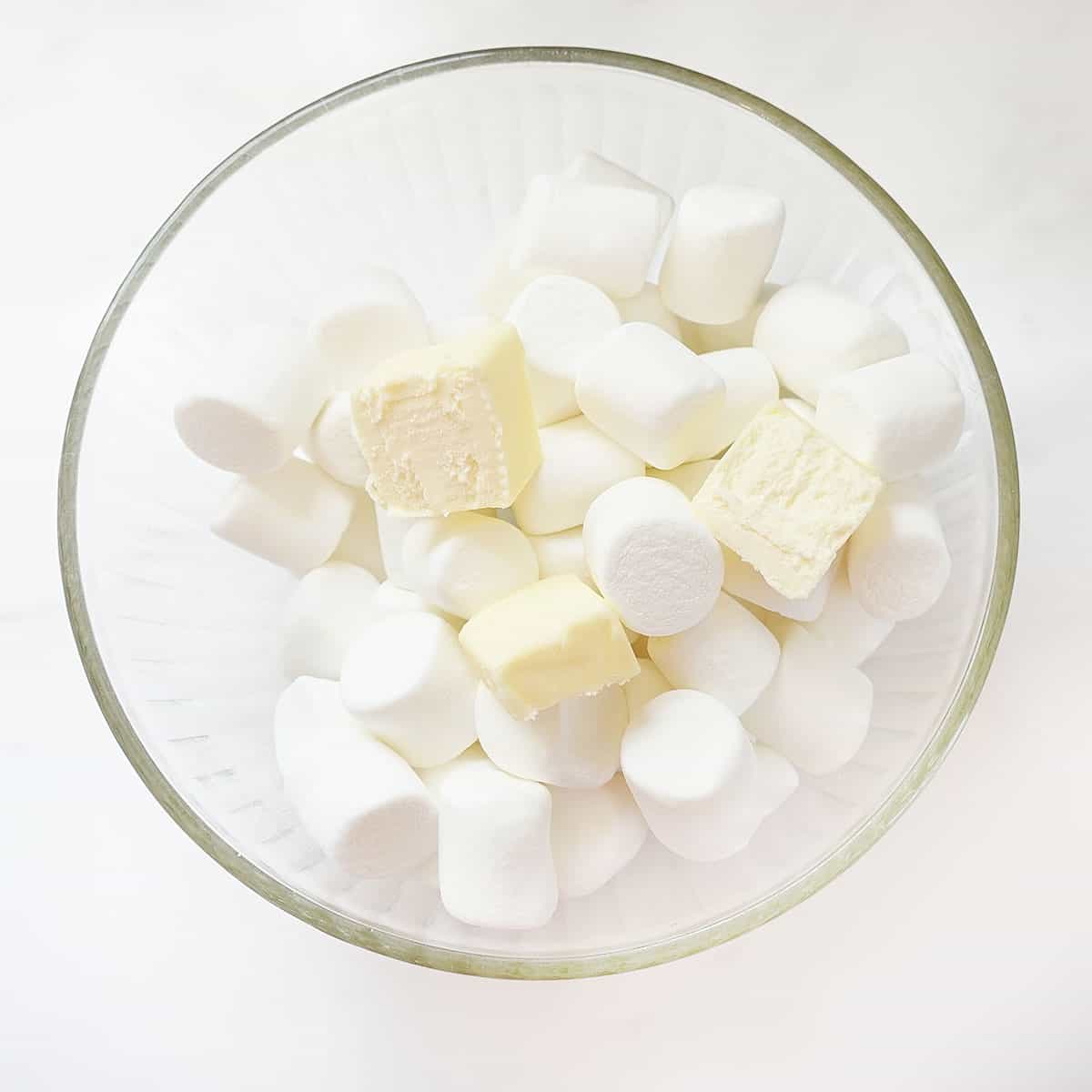marshmallows and butter in a bowl for Rice Krispie Treats