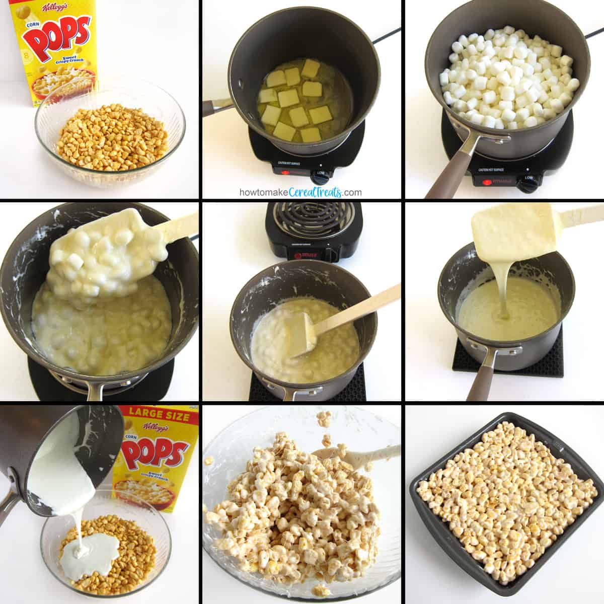 melt butter and marshmallows, mix with Kellogg's Corn Pops Cereal, spread into square pan to make Corn Pops Treats