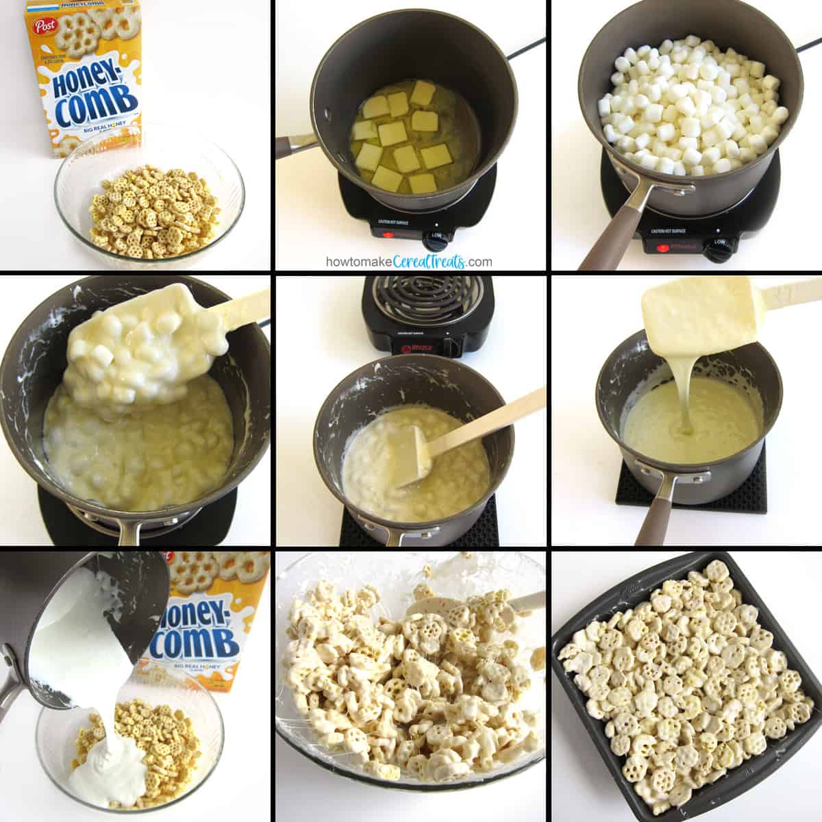 melt butter and marshmallows, mix with Honeycomb Cereal, spread into a pan to make Honeycomb Cereal Treats