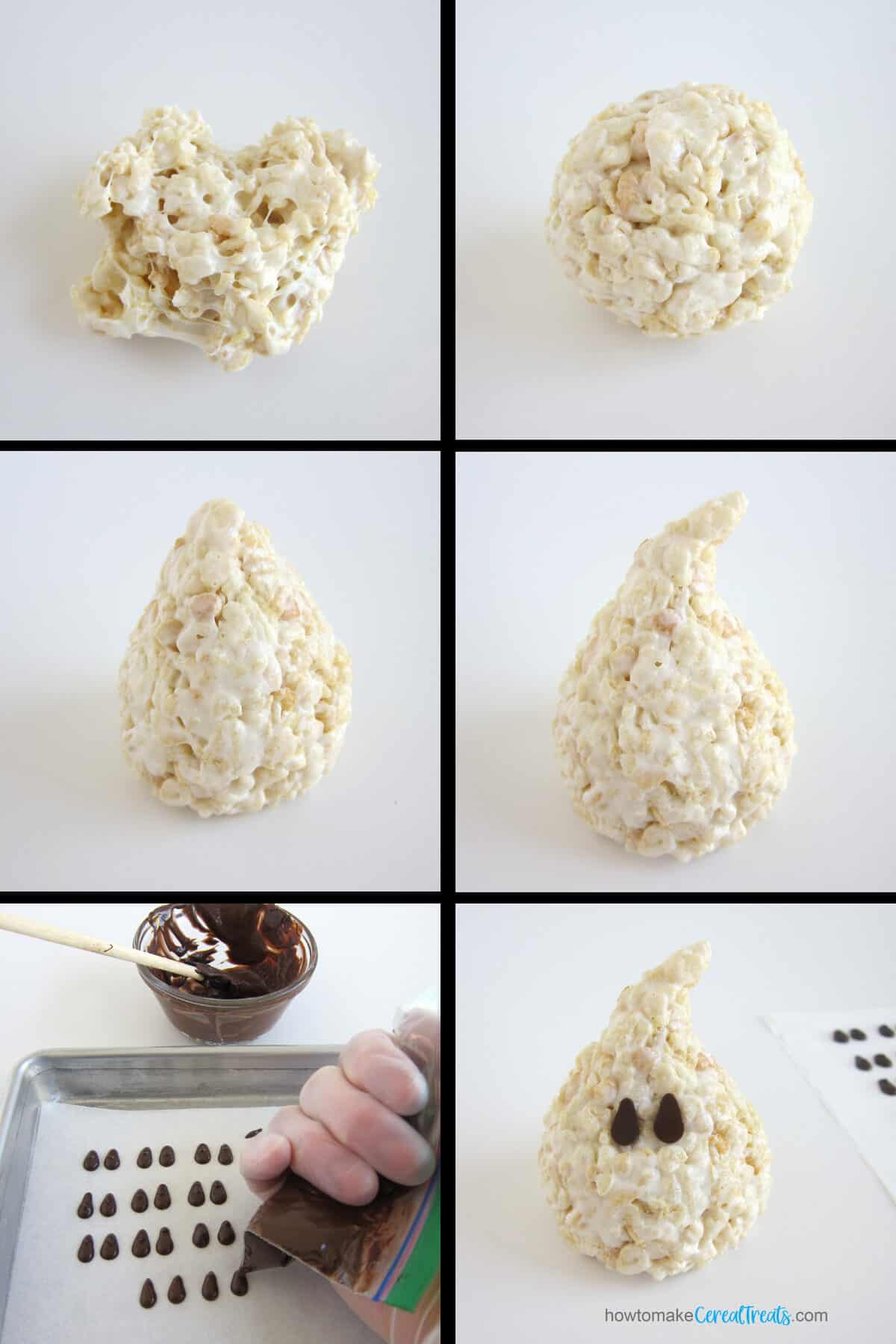 make rice krispie treat ghosts by shaping a ball of the marshmallow cereal treat into a tear drop then add chocolate eyes