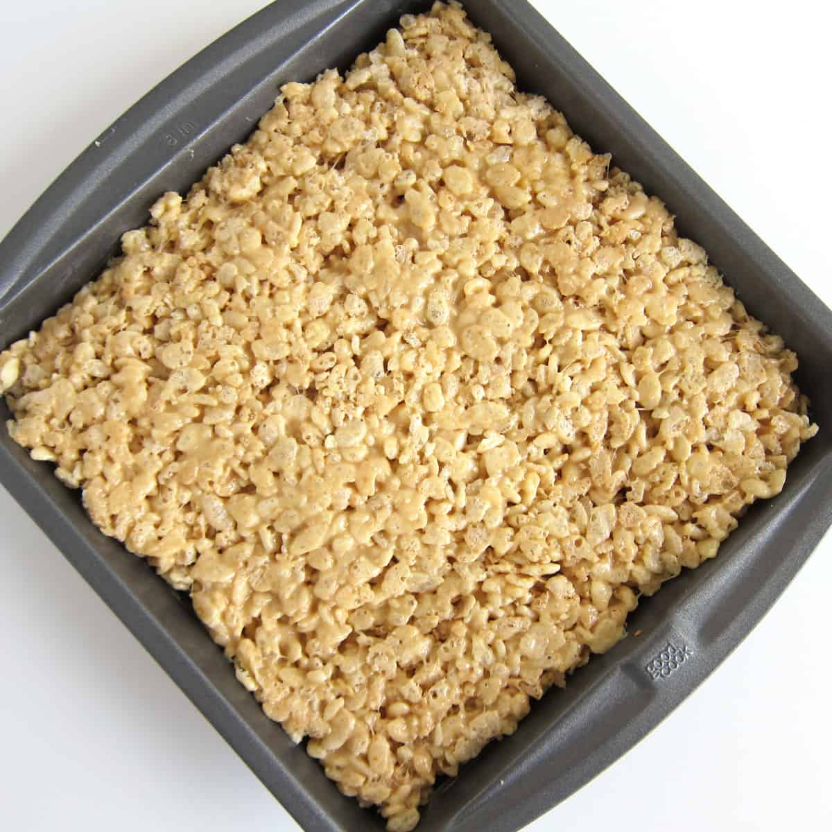 cashew butter rice krispie treats in an 8-inch square pan