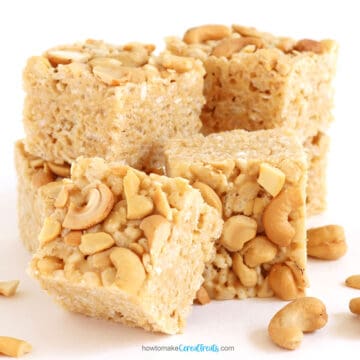 cashew rice krispie treats made with cashew butter and roasted and salted cashews