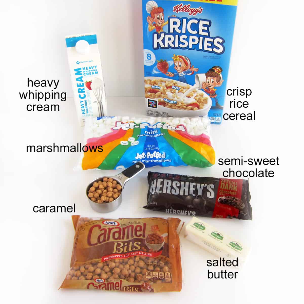 ingredients for chocolate caramel rice krispie treats