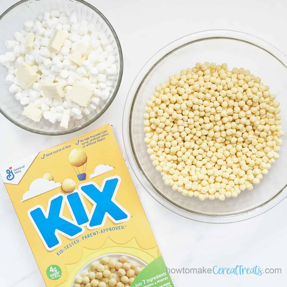 box of Kix cereal, marshmallows and butter