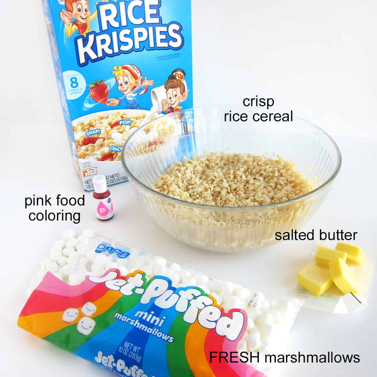 pink rice krispie treat ingredients: butter, marshmallows, crisp rice cereal, and pink food coloring