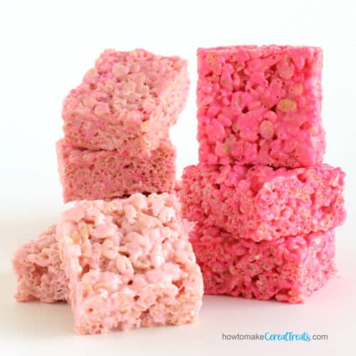 a variety of pink rice krispie treats including light pink, bright pink, and neon pink