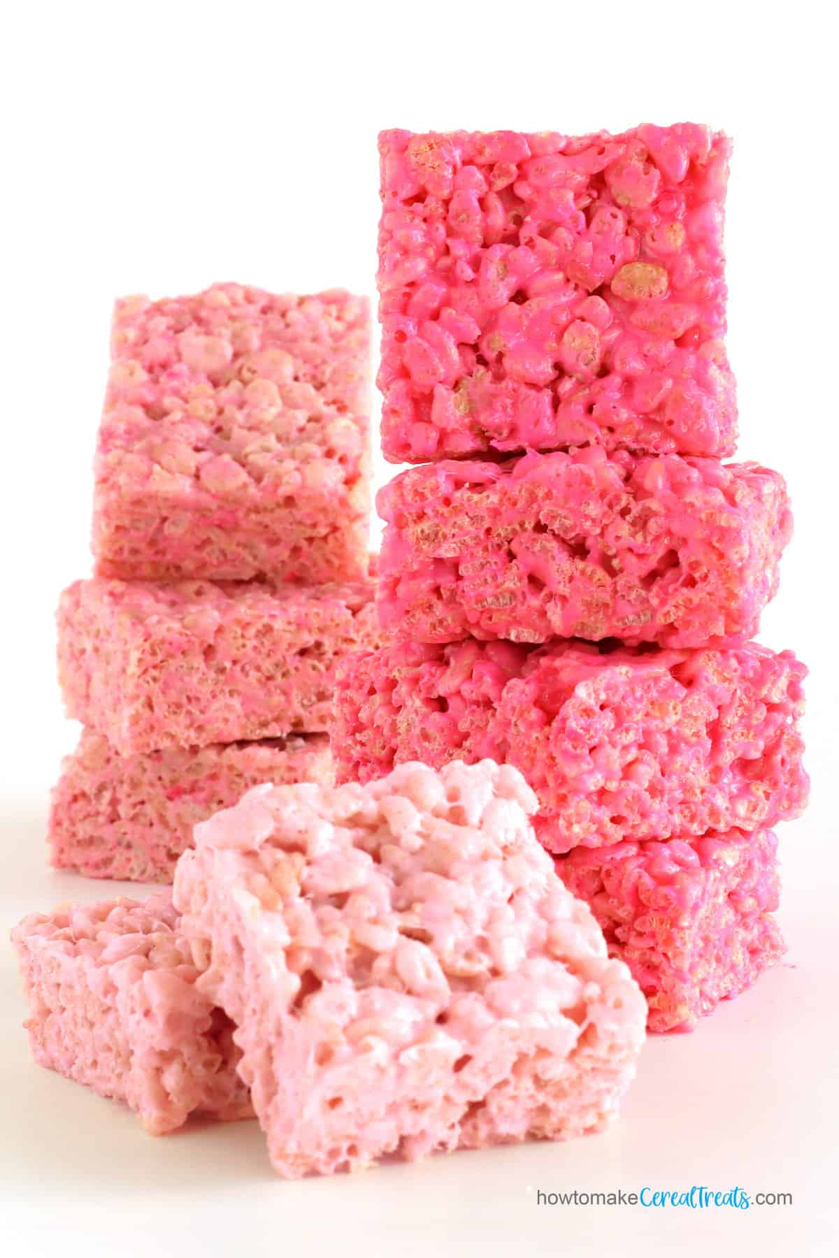 Pink Rice Krispie Treats in three different shades of pink