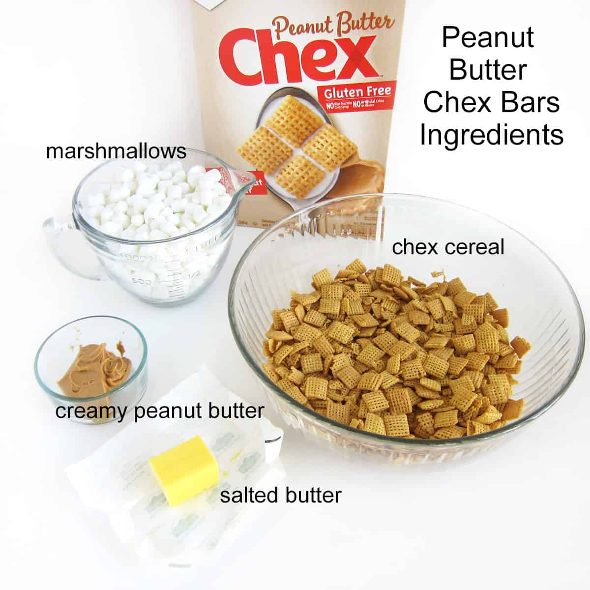 Chex Bars ingredients including Peanut Butter Chex cereal, marshmallows, butter, and peanut butter