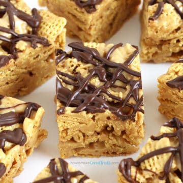 Chex bars topped with a drizzle of chocolate and peanut butter