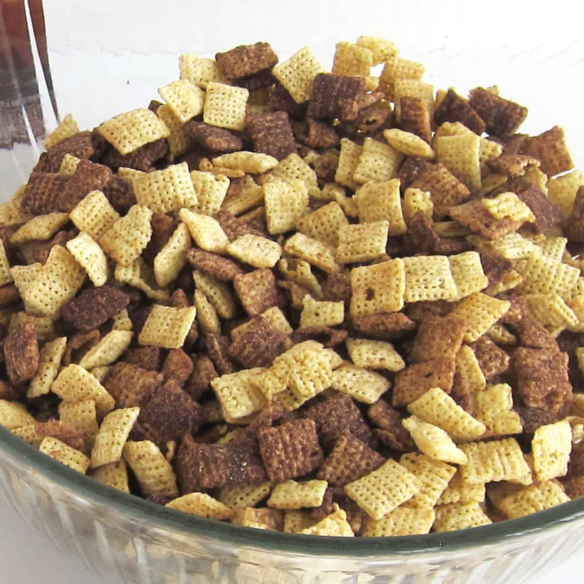 Chocolate Chex Cereal in large mixing bowl