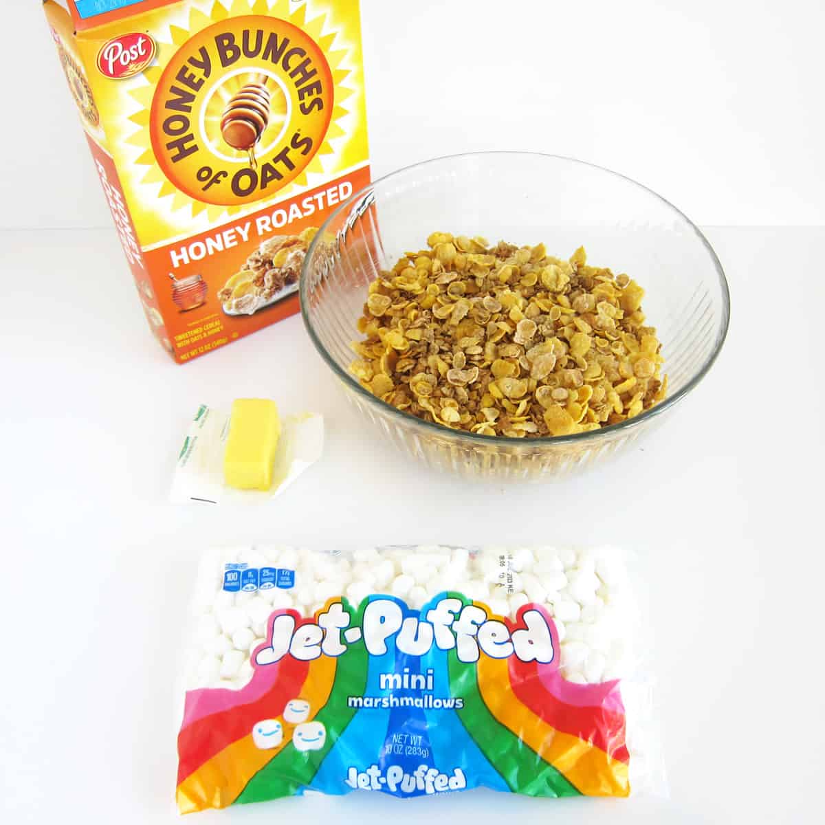Honey Bunches of Oats Cereal Bars ingredients including butter and marshmallows