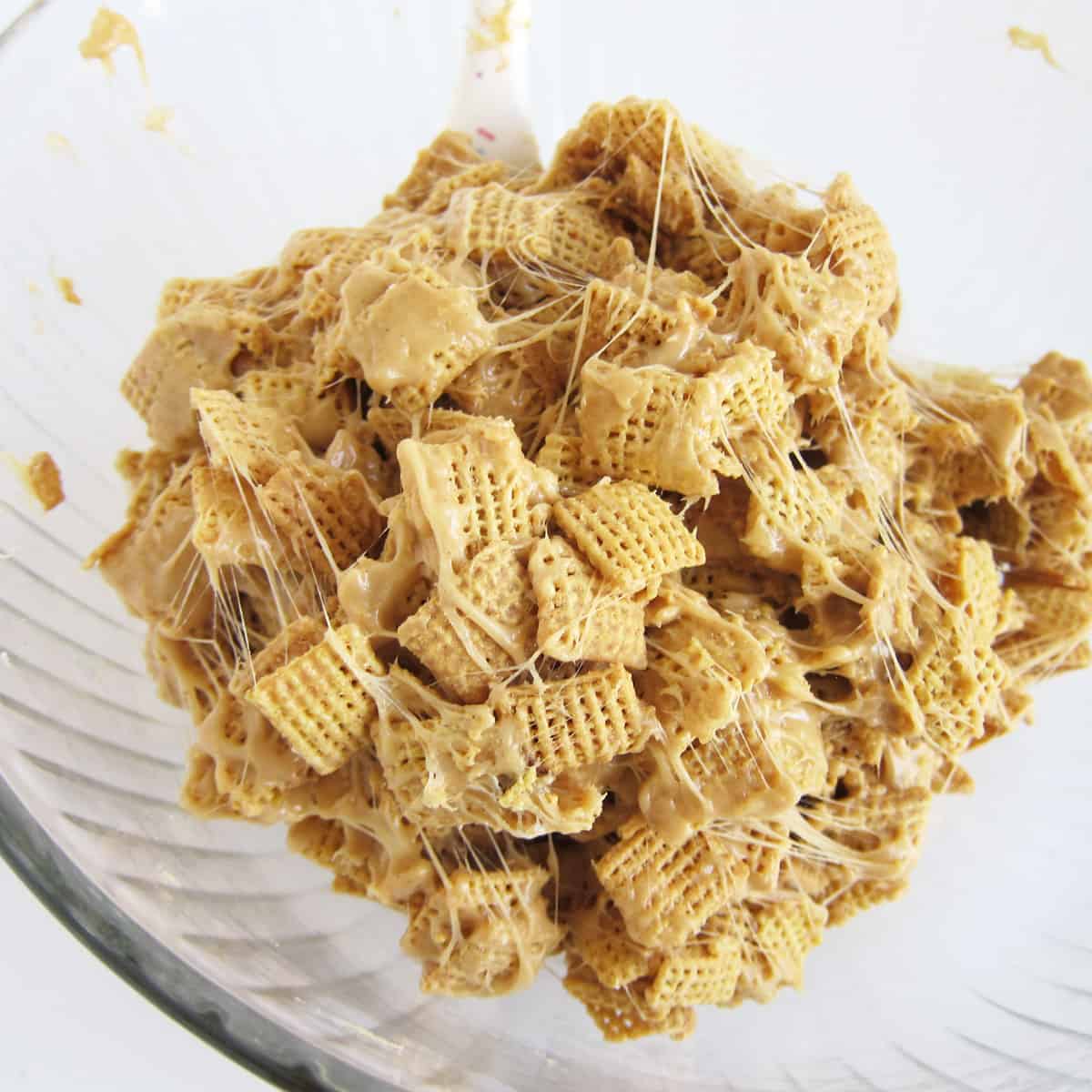 Chex cereal coated in a mixture of melted peanut butter, marshmallows, and butter.