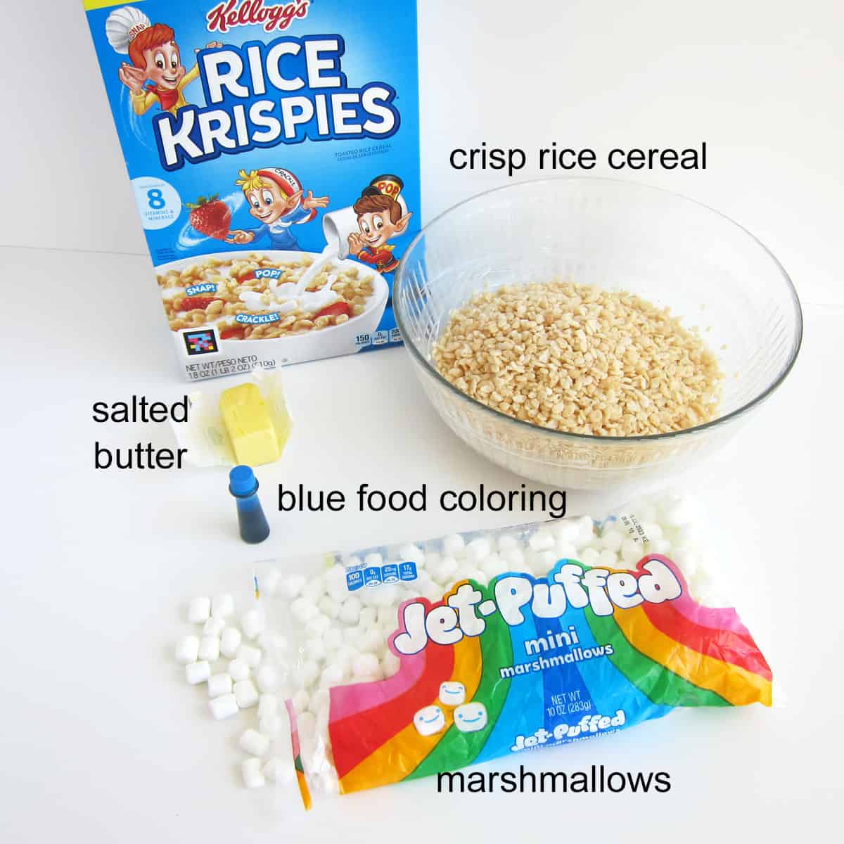 blue rice krispie treats recipe ingredients including blue food coloring, Rice Krispies Cereal, marshmallows, and butter.