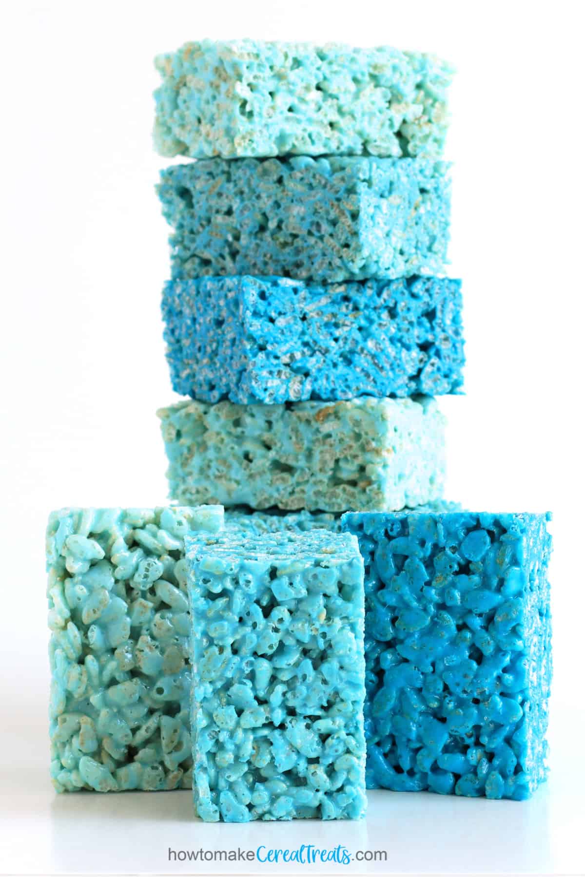 Blue rice krispie treats in 3 different shades of blue.