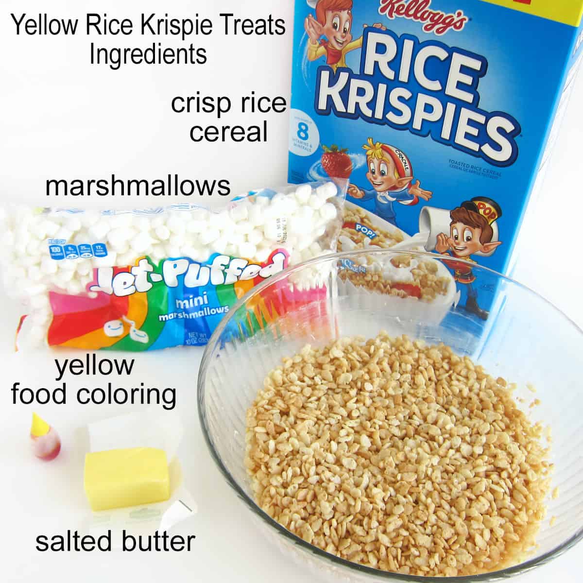 yellow Rice Krispie treats ingredients including cereal, marshmallows, butter, and yellow food coloring