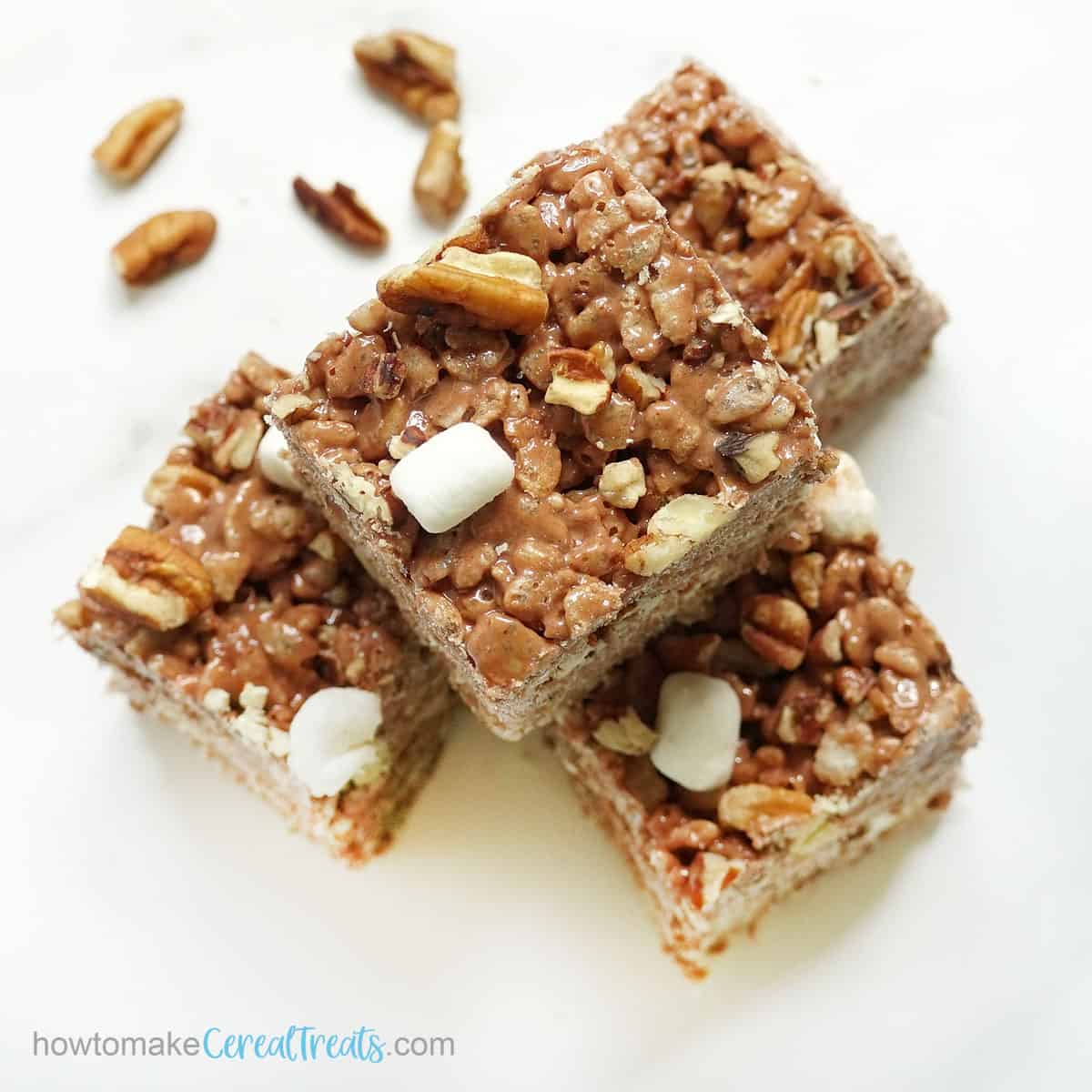 chocolate Rocky Road Rice Krispie Squares with nuts and marshmallows